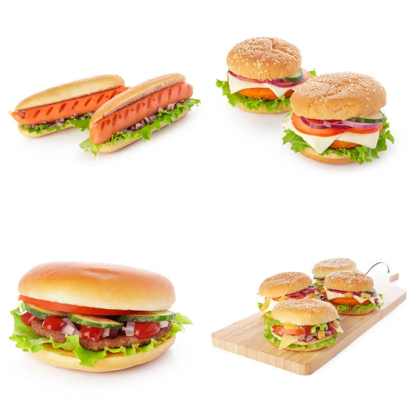 Junk Fast Food Collage Aus Burgern Sandwiches Und Hotdogs Isoliert — Stockfoto