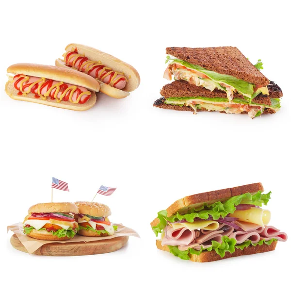 Швидкий Харчовий Колаж Бургери Бутерброди Хот Доги Ізольовані Білому Тлі — стокове фото