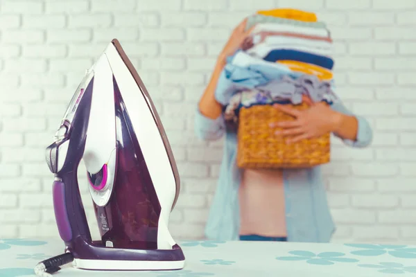 Housewife Bringing Huge Pile Laundry Ironing Board — Stock Photo, Image