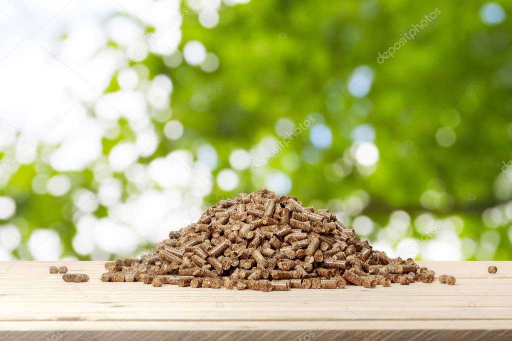 close-up view of wood pellets on a green background. Biofuels.