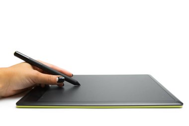 Grafik tablet kalem ve ressamlar ve tasarımcılar, beyaz arka plan üzerinde izole için el ile