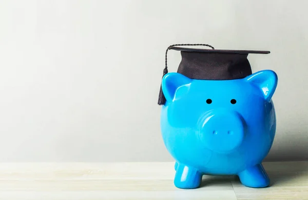 piggy bank with college graduate hat on grey background