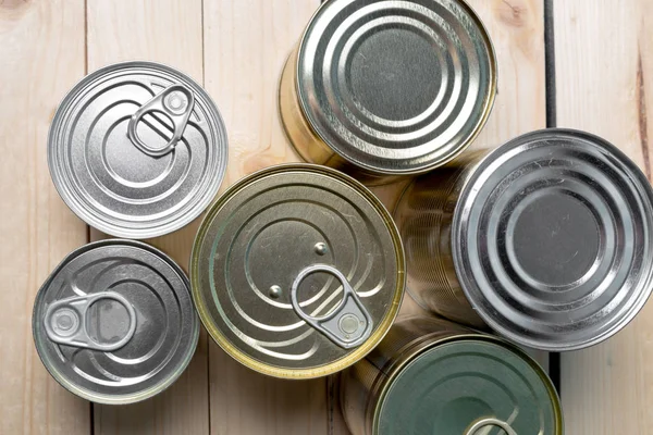 Latas Lata Para Alimentos Sobre Fondo Madera — Foto de Stock