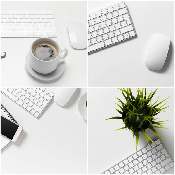 Office desk table with computer, supplies and coffee cup