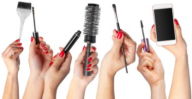 Araçlar üzerinde beyaz izole makyaj için holding eller topluluğu