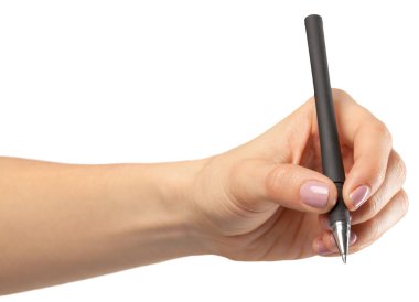 Beyaz bir arka planda bir kalem ile el