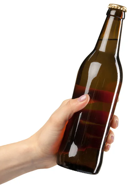 Brown Beer Bottle Hand Isolated White Background — Stock Photo, Image