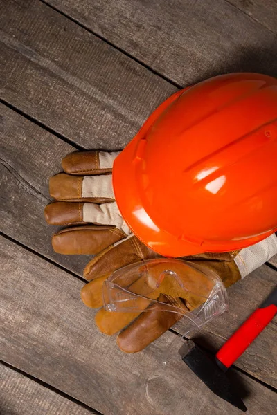 Arbeitsschutzkonzept Auf Holztisch Ansicht Von Oben — Stockfoto