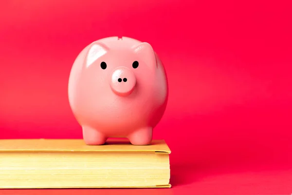 Sparschwein Auf Buch Auf Rotem Hintergrund — Stockfoto