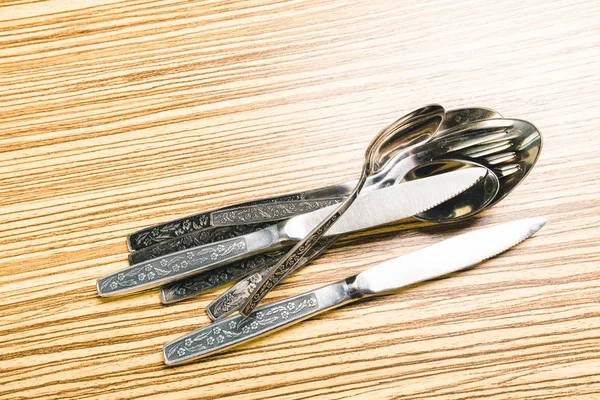 Silverware Wooden Table Close — Stock Photo, Image