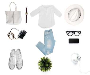 Bayan giyim beyaz arka plan üzerinde izole kolaj