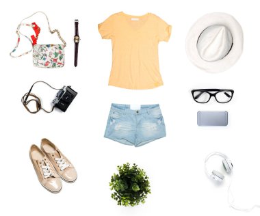 Bayan giyim beyaz arka plan üzerinde izole kolaj