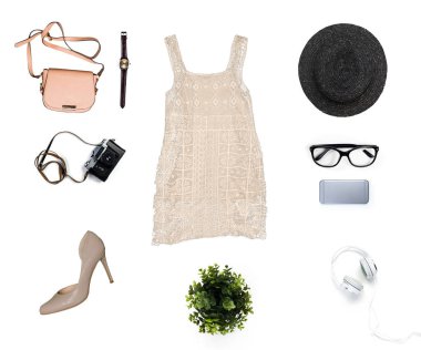 Bayan giyim beyaz arka plan üzerinde izole kolaj