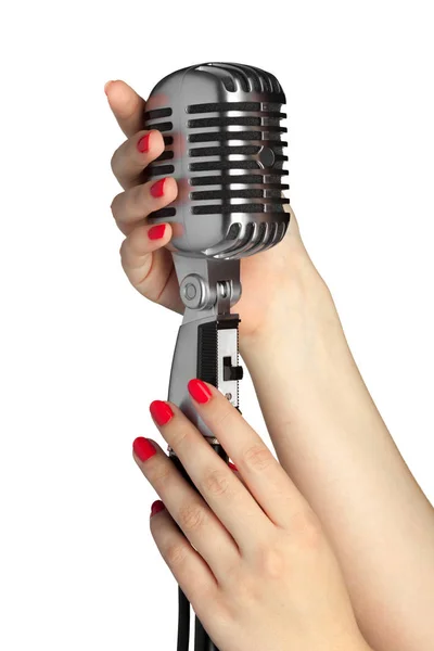 Manos Femeninas Micrófono Audio Estilo Retro —  Fotos de Stock