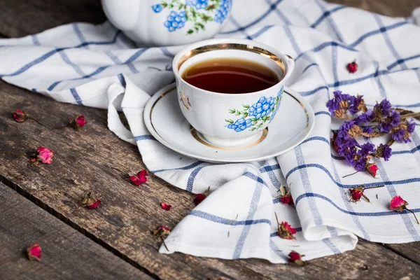 Still Life Tea Cup Tablecloth Wooden Table — Stock Photo, Image