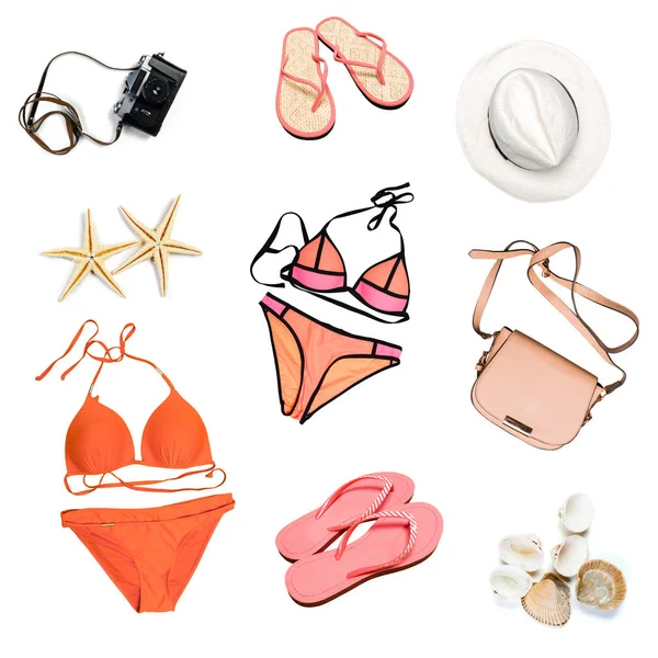 Maillot Bain Femme Accessoires Plage Collage Sur Fond Blanc — Photo