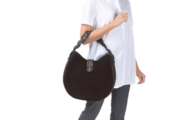 Woman Holding Handbag Isolated White Background — Stock Photo, Image