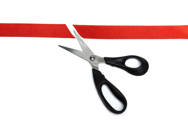 Scissors Cutting Red Ribbon Isolated White Background — Stock Photo, Image