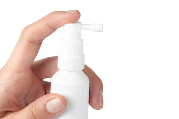 Spray Nasal Uma Mão Humana Isolada Sobre Fundo Branco — Fotografia de Stock