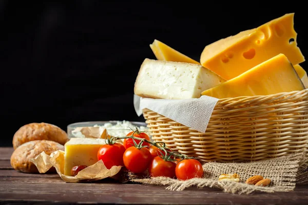 Close Different Types Cheese Wooden Table — Stock Photo, Image