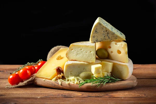 Close Different Types Cheese Wooden Table — Stock Photo, Image