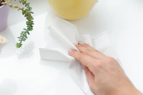 Hand Schoonmaak Met Papieren Handdoek — Stockfoto
