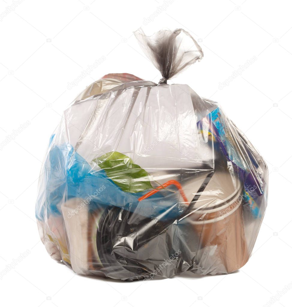 Plastic bag full of rubbish on isolated white background 