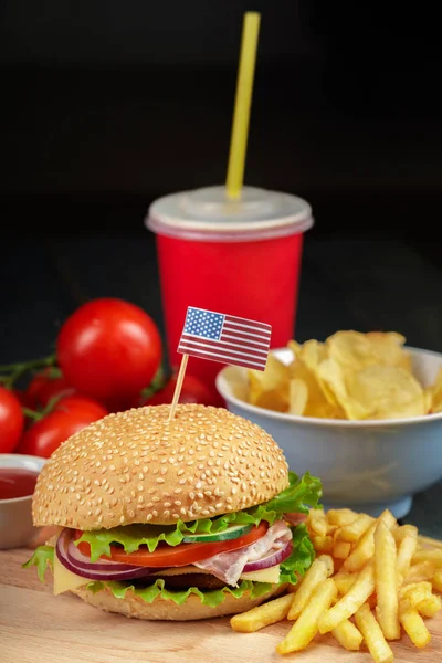 Fast Food Homemade Burger Wooden Background — Stock Photo, Image