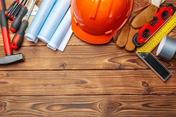 Assorted Work Tools Wooden Table — Stock Photo, Image