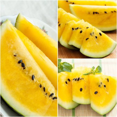 Taze dilimlenmiş karpuz ahşap arka plan