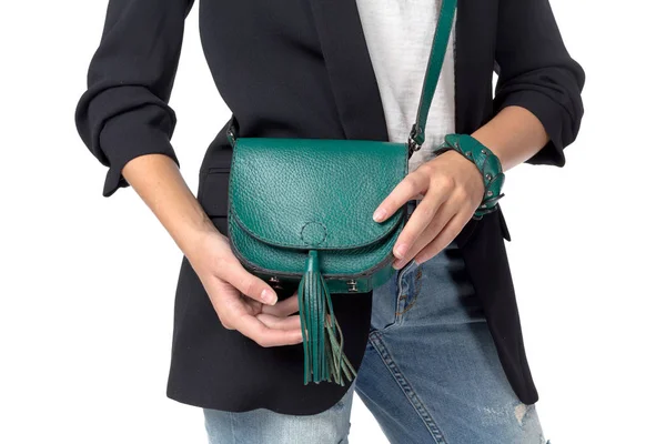 Woman Holding Handbag Isolated White Background — Stock Photo, Image