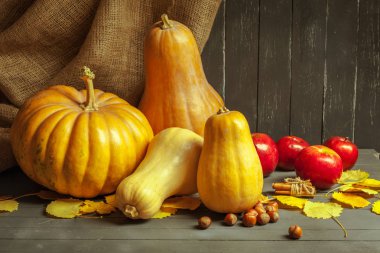 Ahşap arka planda balkabakları ve elmalar