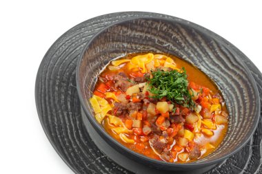 Tabak sebze çorba, et, yakından görmek