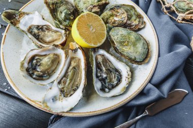 Limon, yakın çekim manzaralı bir plaka üzerinde açık ıslak istiridye