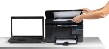 Printer on workplace on table  clipart