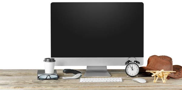 Messy Table Top Home Interior Computer Monitor Keyboard Front View — Stock Photo, Image