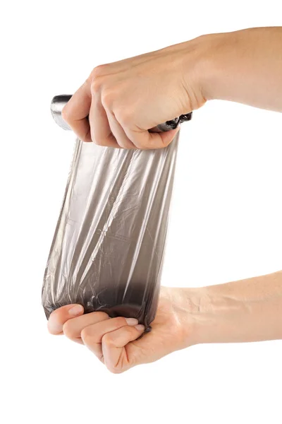 Woman Hands Holding Garbage Bag Isolated White Background — Stock Photo, Image