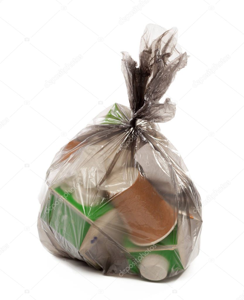 Plastic bag full of rubbish on isolated white background