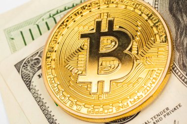 Altın Bitcoin dolar arka plan üzerinde Kapat