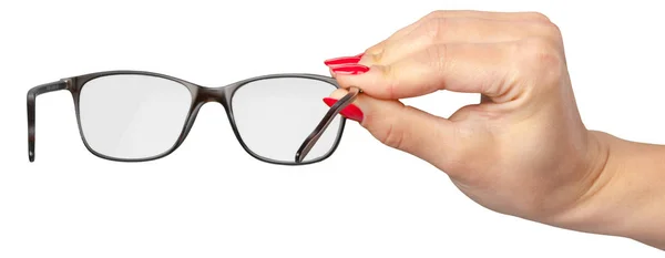 Mão Segurando Óculos Isolados Fundo Branco Close — Fotografia de Stock