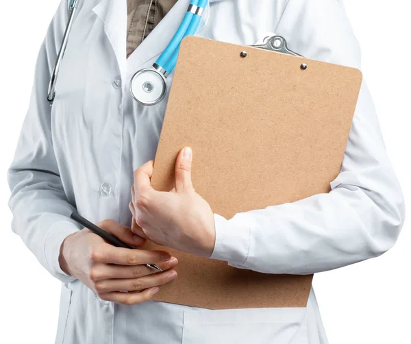 Médico Feminino Uniforme Segurando Prancheta — Fotografia de Stock