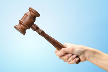 someones hand holding Wooden Law Gavel clipart