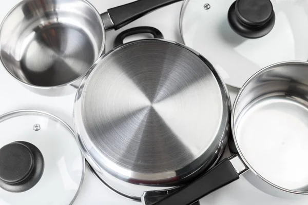 Stainless Steel Pots Pans Isolated White — Stock Photo, Image