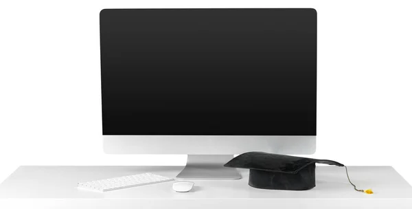 Computer Monitor White Table Graduation Cap Isolated White — Stock Photo, Image