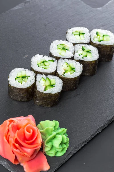 Japanese Restaurant Sushi Rolls Black Slate Plate — Stock Photo, Image