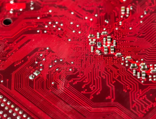 red computer chip, close up view