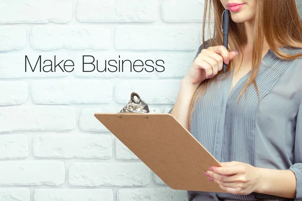 Businesswoman Clipboard Pen Making Notes Standing Text — Stock Photo, Image