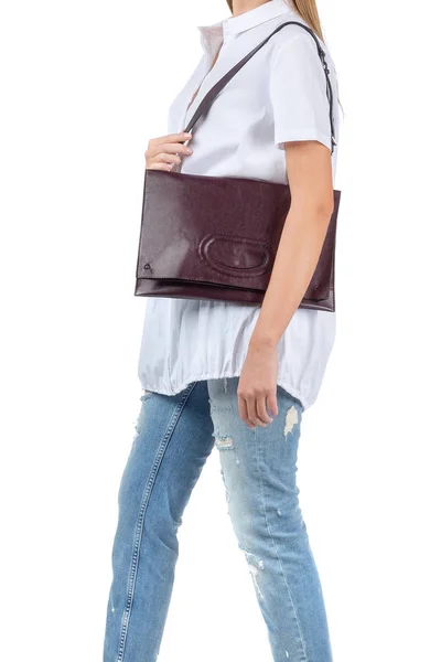 Woman Holding Handbag Isolated White Background — Stock Photo, Image