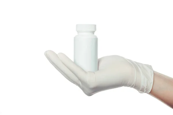 Mão Médico Branco Luva Cirúrgica Esterilizada Segurando Medicina — Fotografia de Stock