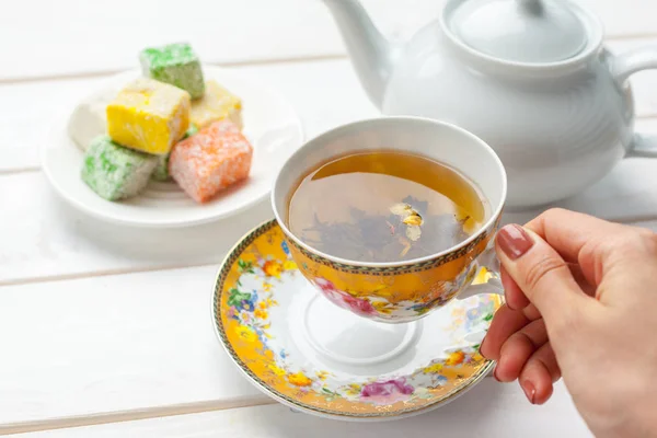 Tea Wooden Table Close View — Stock Photo, Image